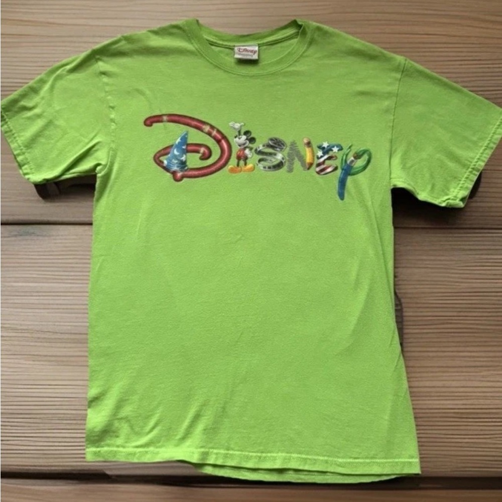 Vintage DISNEY T-Shirt Medium Neon Green Fantasia Movie Micky Mouse Sorcerer